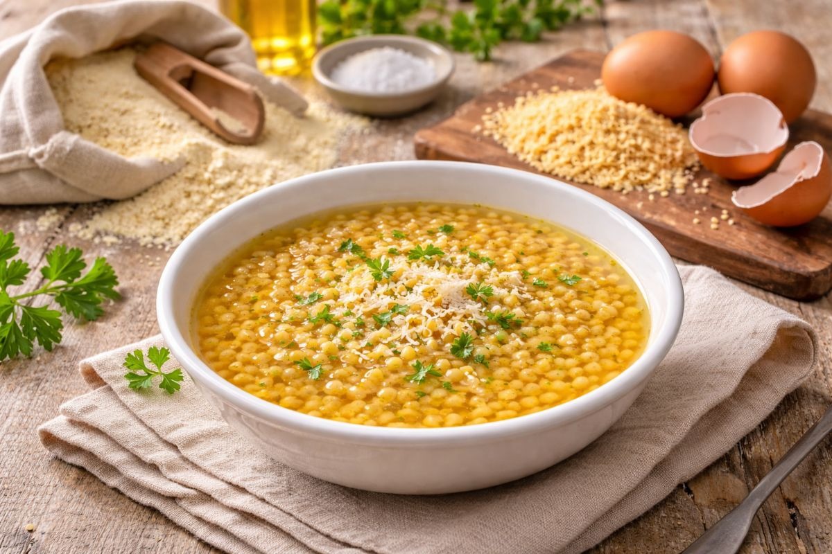 Piatto con pasta all'uovo tipo grattini in brodo