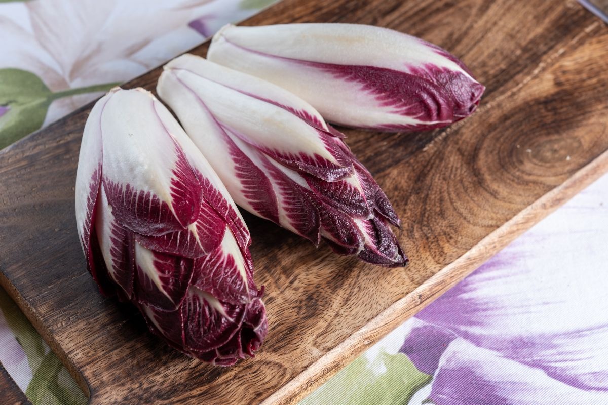 Cespi di radicchio lungo rosso su tagliere di legno