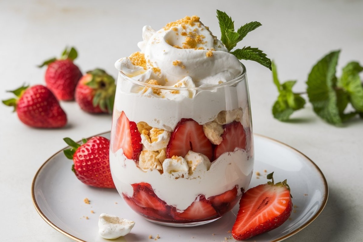 Dolce con panna, fragole e meringa nel bicchiere