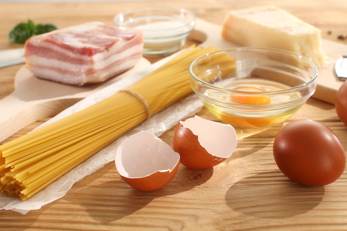 Ingredienti per pasta alla carbonara: spaghetti, uova, guanciale e pecorino