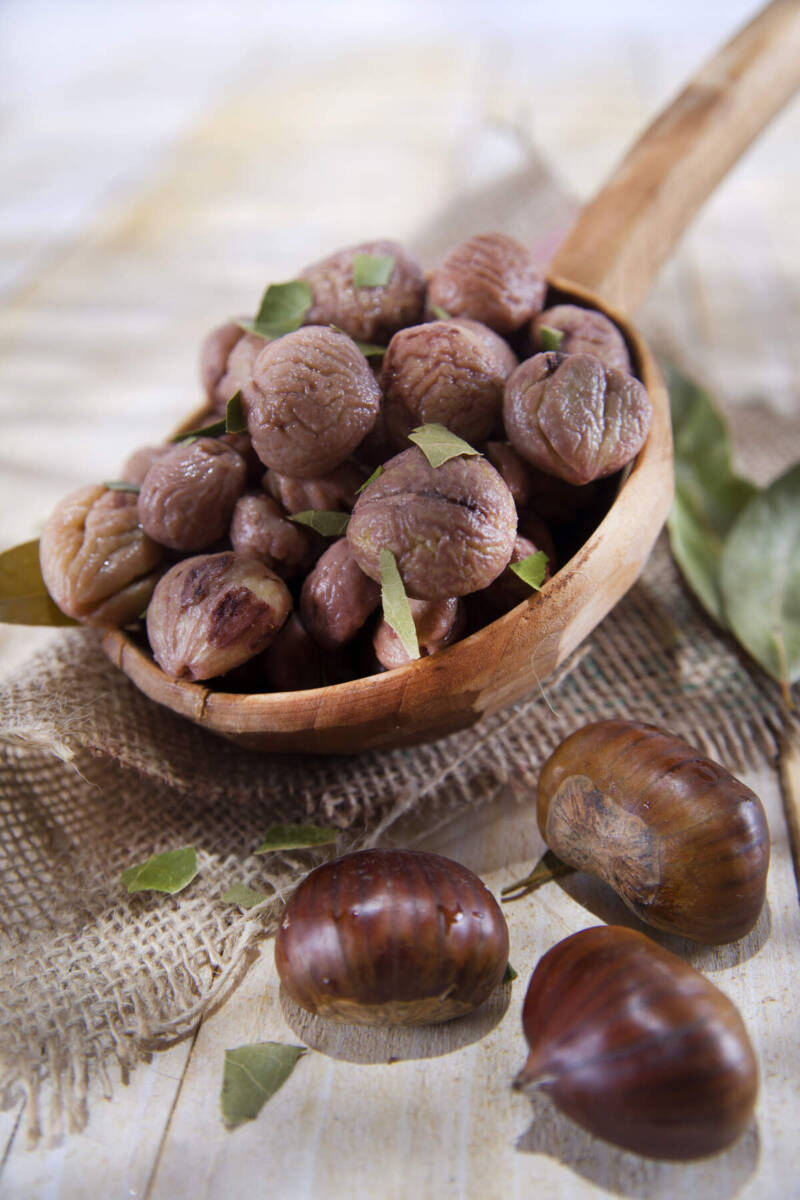 Mestolo di legno con castagne cotte bollite
