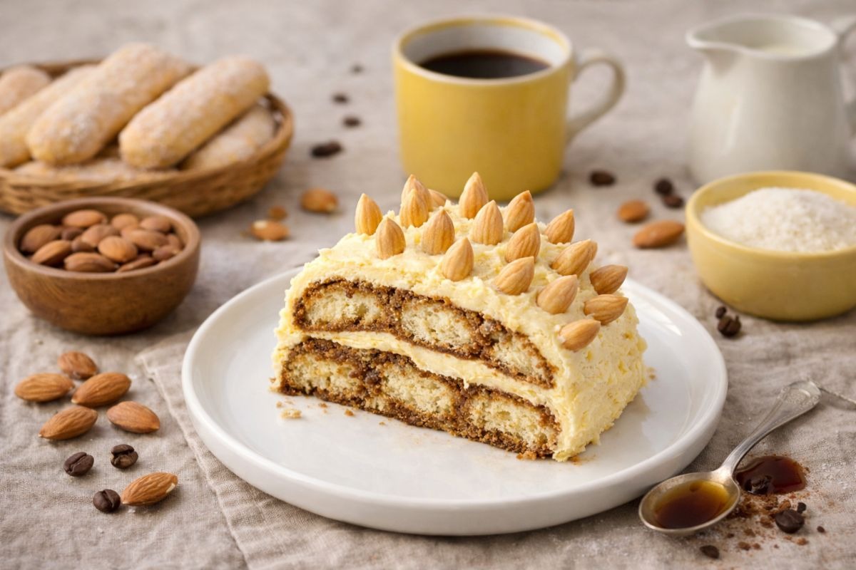 Dolce con savoiardi e crema al burro con superficie decorata con mandorle tagliato per vedere l'intero 
