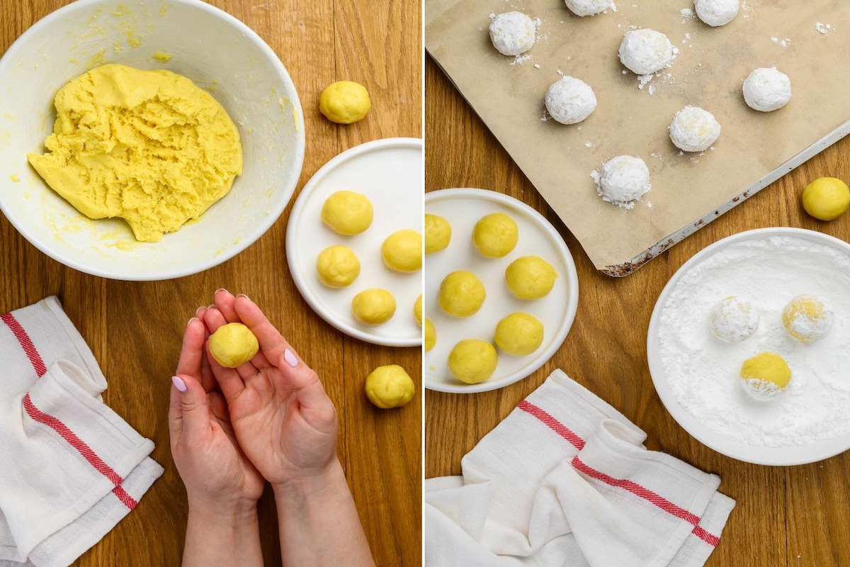 Preparazione biscotti dando all'impasto forma tonda e passandolo nello zucchero a velo
