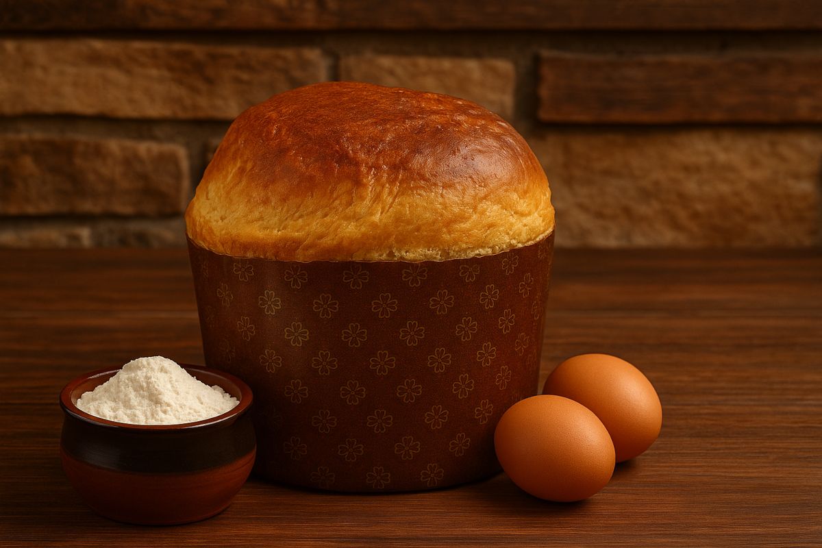 Panettone gastronomico in stampo di carta con vicino uova e farina