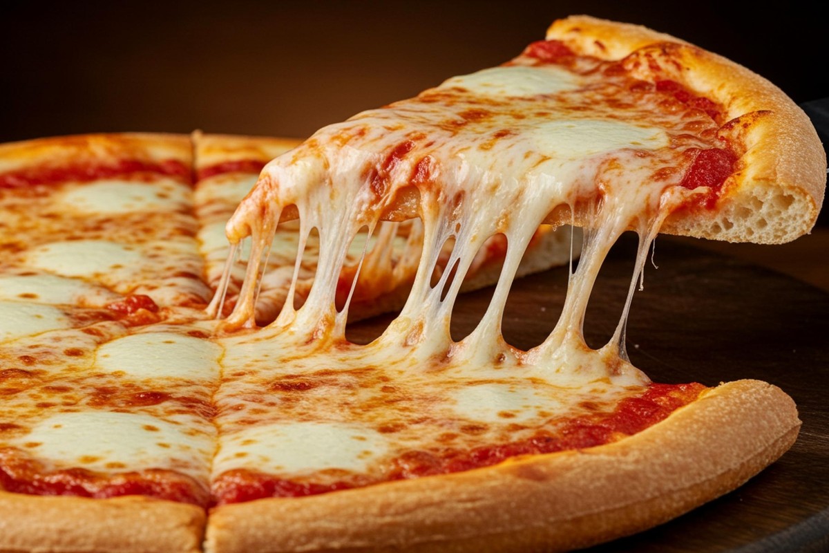 Primo piano di una fetta di pizza margherita con abbondante mozzarella filante.