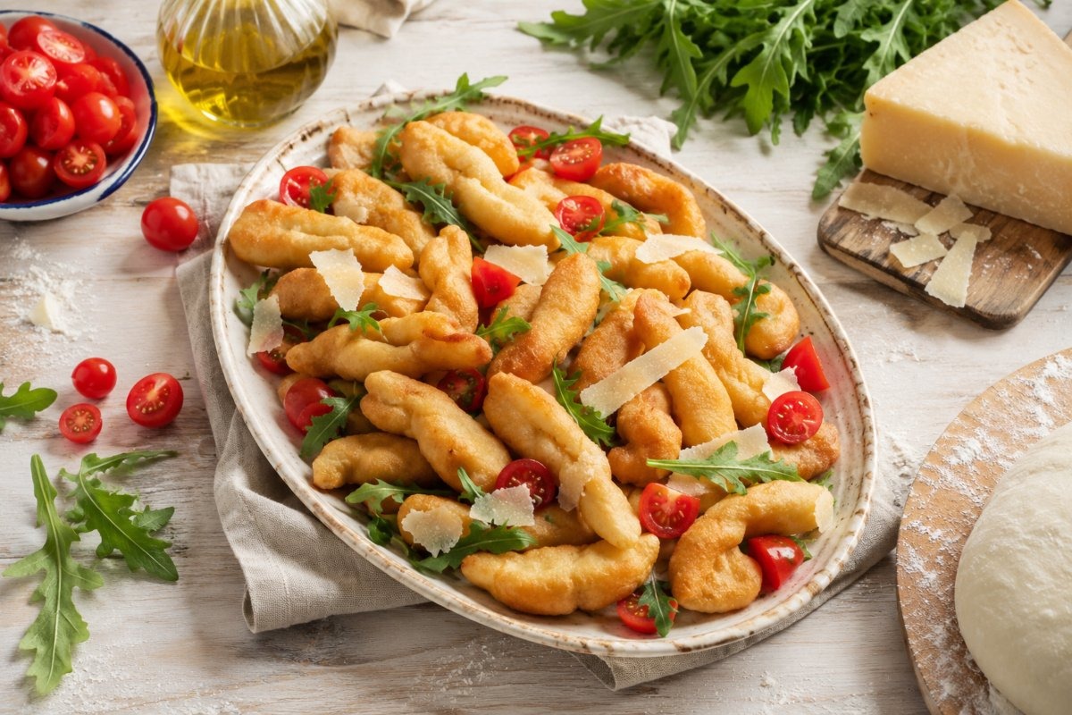 Piatto con strisce di impasto lievitate e fritte servite con rucola, pomodorini e scaglie di grana
