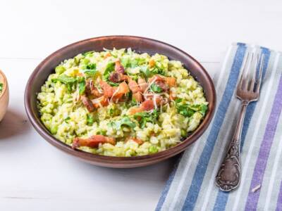 Risotto agli spinaci con prosciutto crudo e provola