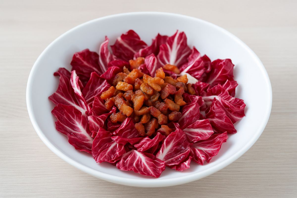 Piatto di radicchio rosso con pancetta croccante