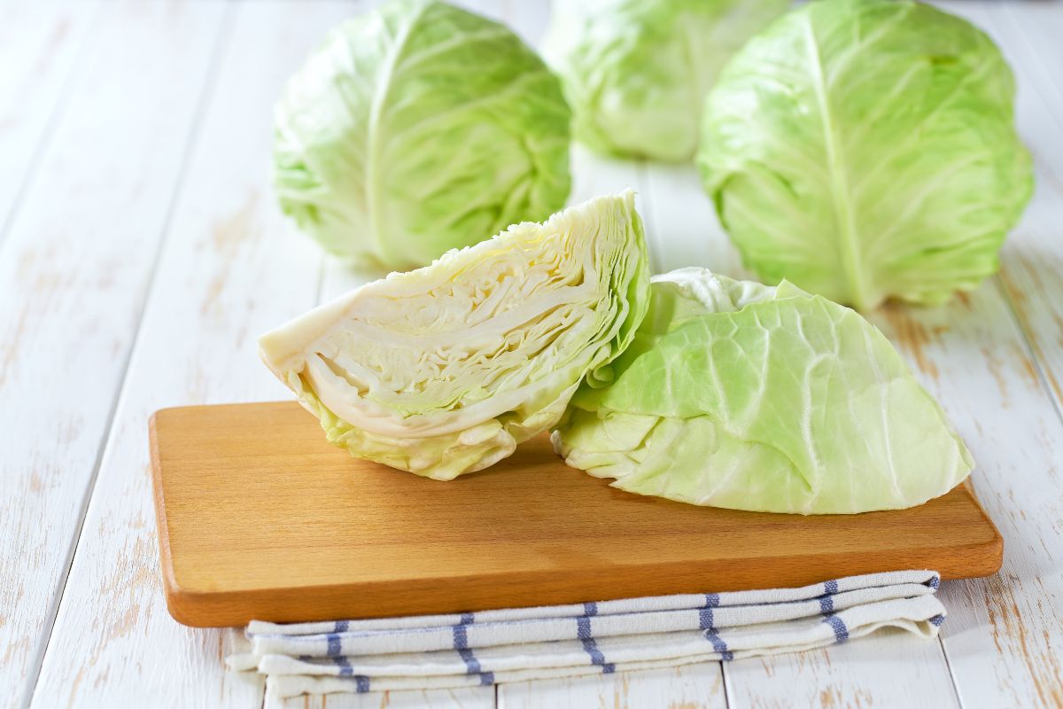 Cespo di verza tagliato in quattro su tagliere di legno