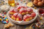 Dolci di carnevale fritti e decorati con alchermes in ciotola di ceramica