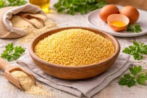 Pasta all'uovo chiamata grattini in ciotola di legno