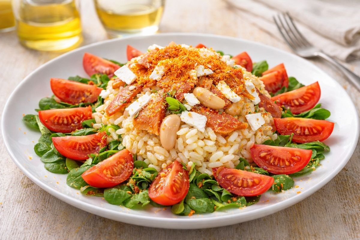 Piatto con insalata di riso e cannellini su letto di valeriana con pomodori, bottarga e ricotta salata