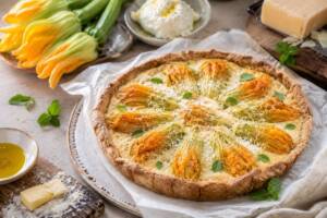 Torta salata con fiori di zucca ripieni disposti a raggiera