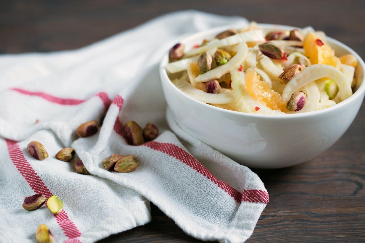 Fennel salad, songino, oranges and pistachios