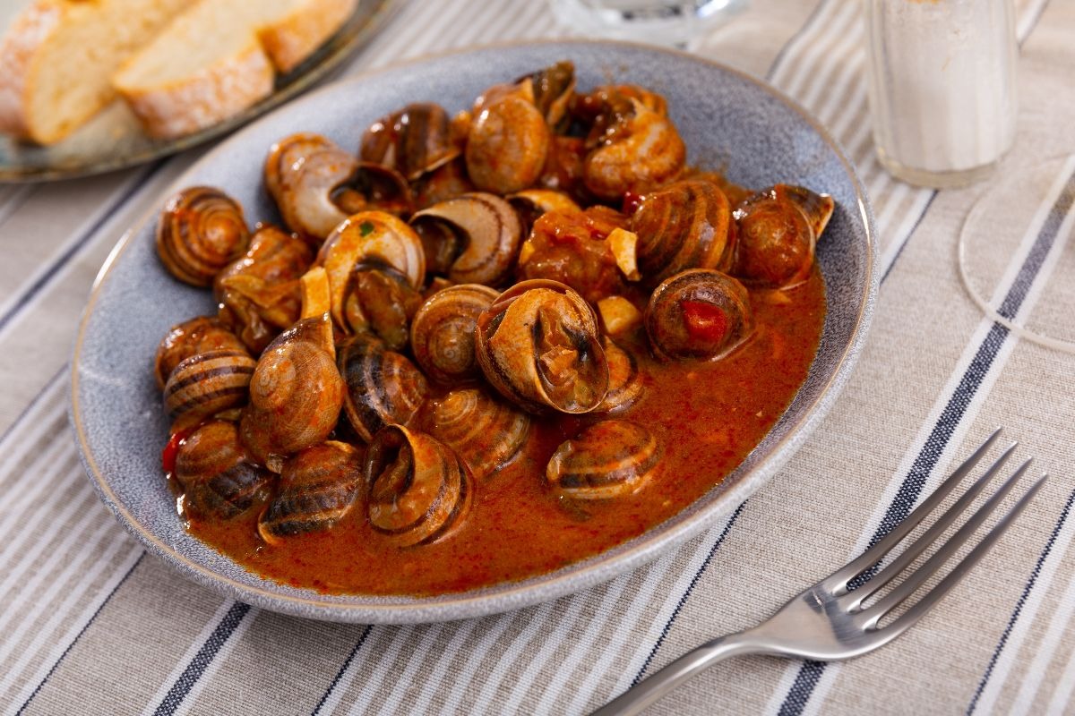 Piatto di lumache cotte nel sugo di pomodoro
