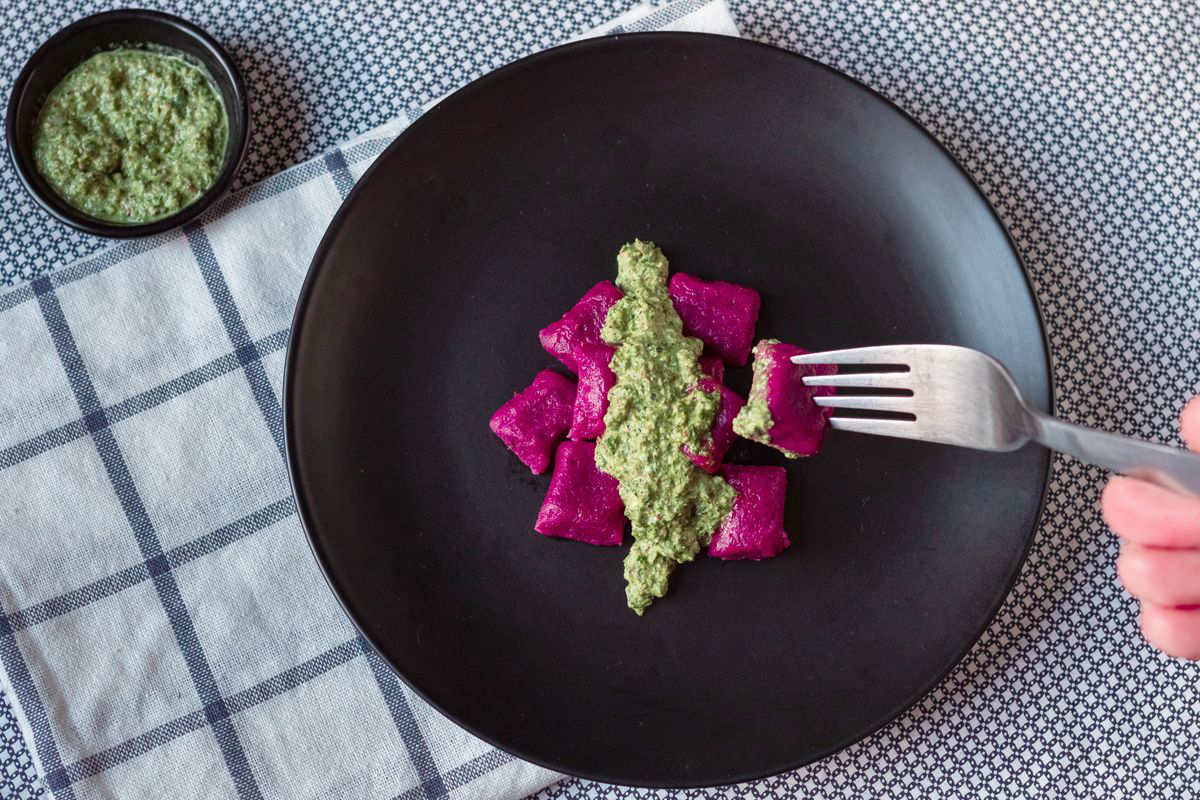 Beetroot gnocchi with spinach pesto