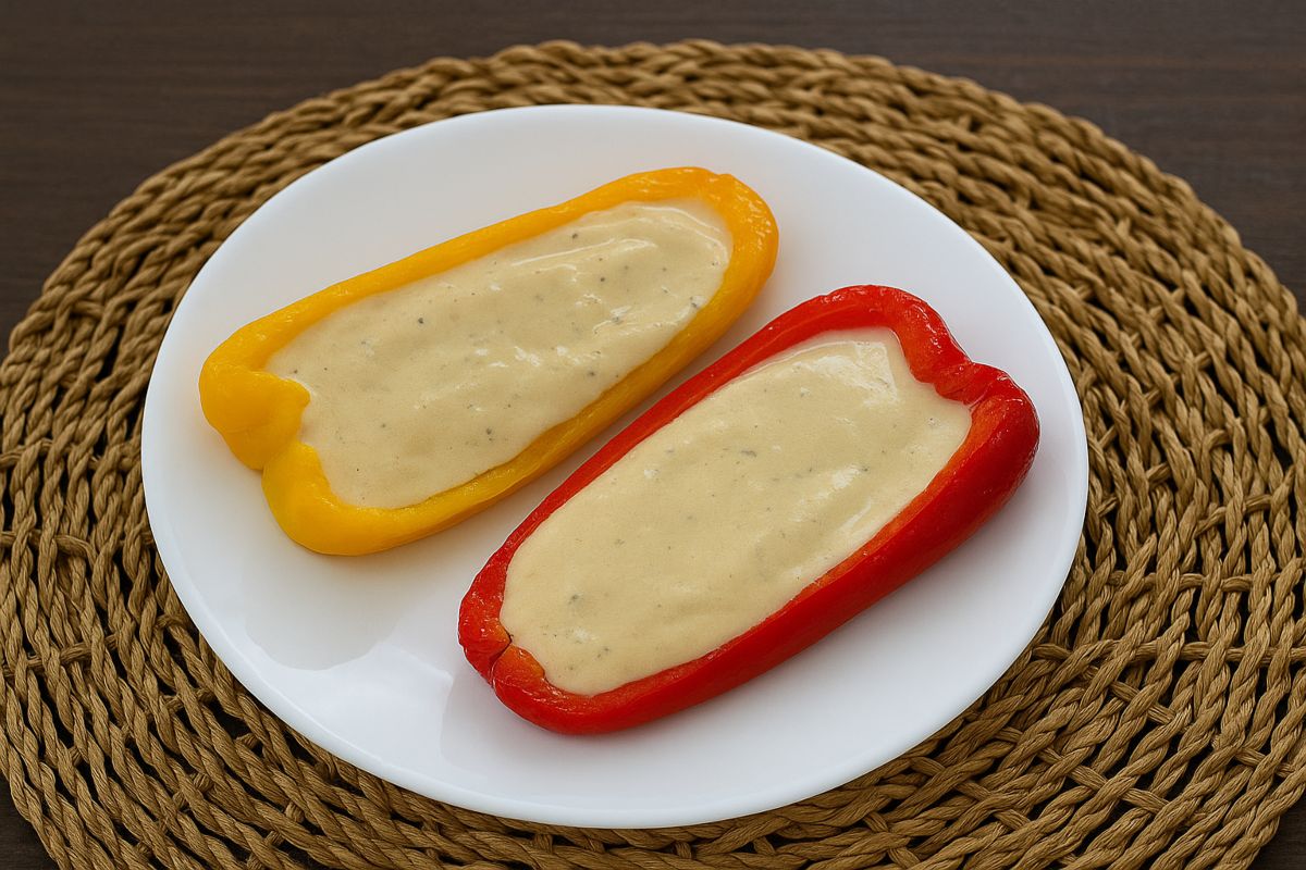 Falde di peperoni rossi e gialli con salsa tipo bagna cauda