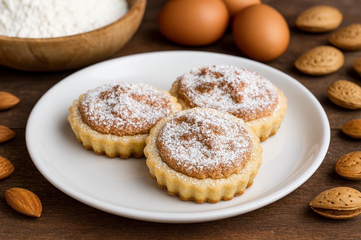 Biscotti composti da un disco di pasta frolla con copertura di mandorle