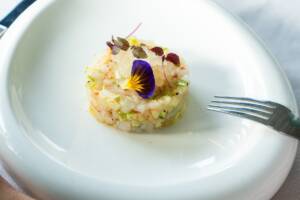 Piatto con tartare di pesce decorata con fiori e forchetta poggiata al bordo