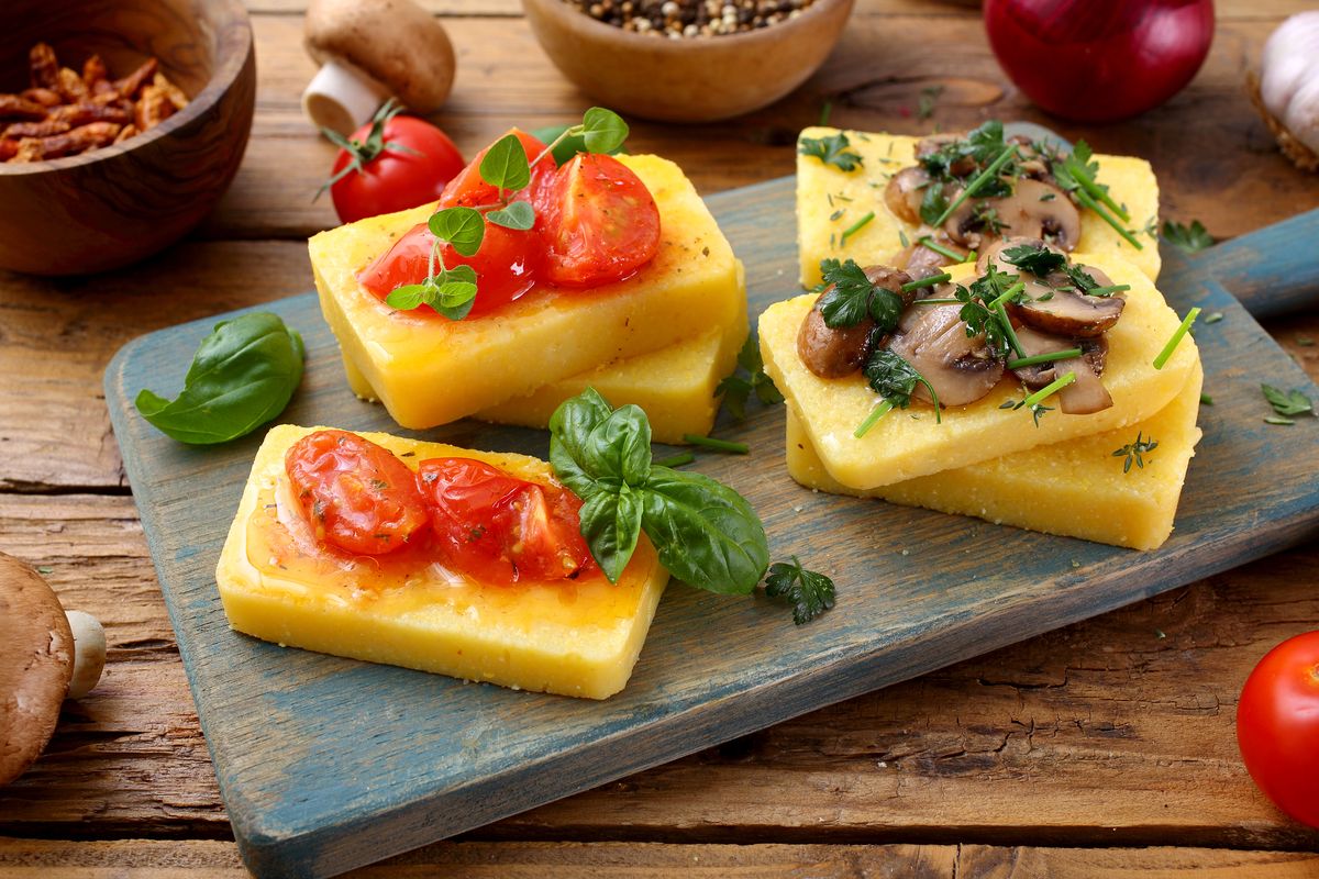 Toasted polenta croutons in the oven