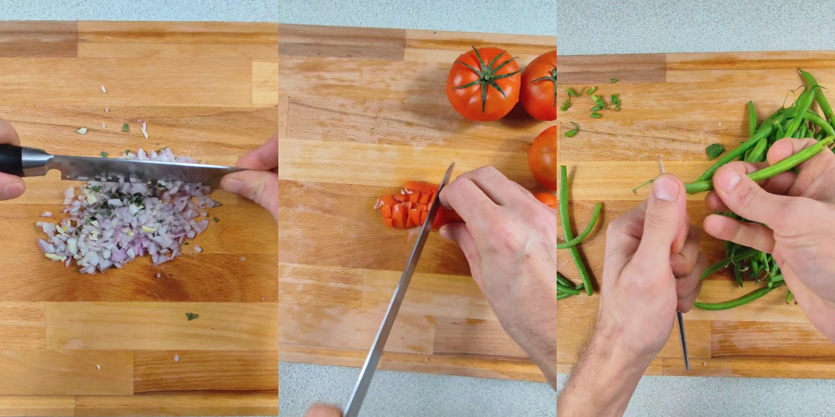 Cut ingredients for green beans all'uccelletto