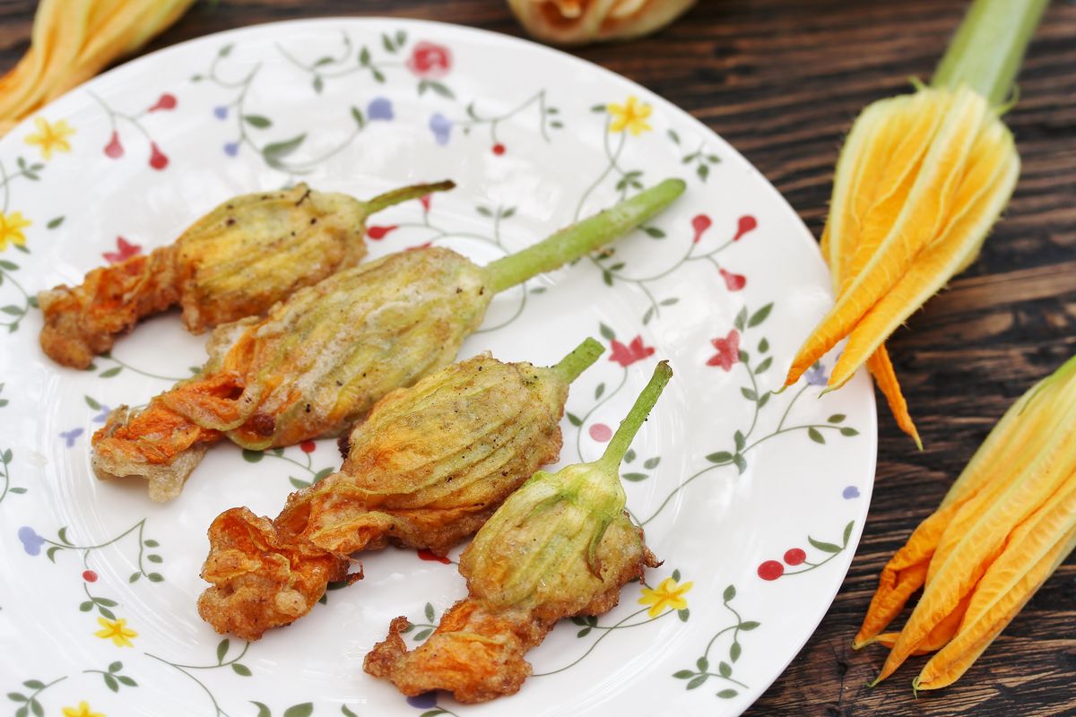 Courgette flowers stuffed in batter and fried