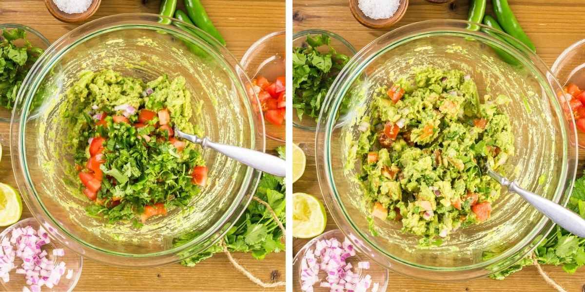 Ultimi ingredienti e mescolare la salsa guacamole fatta in casa