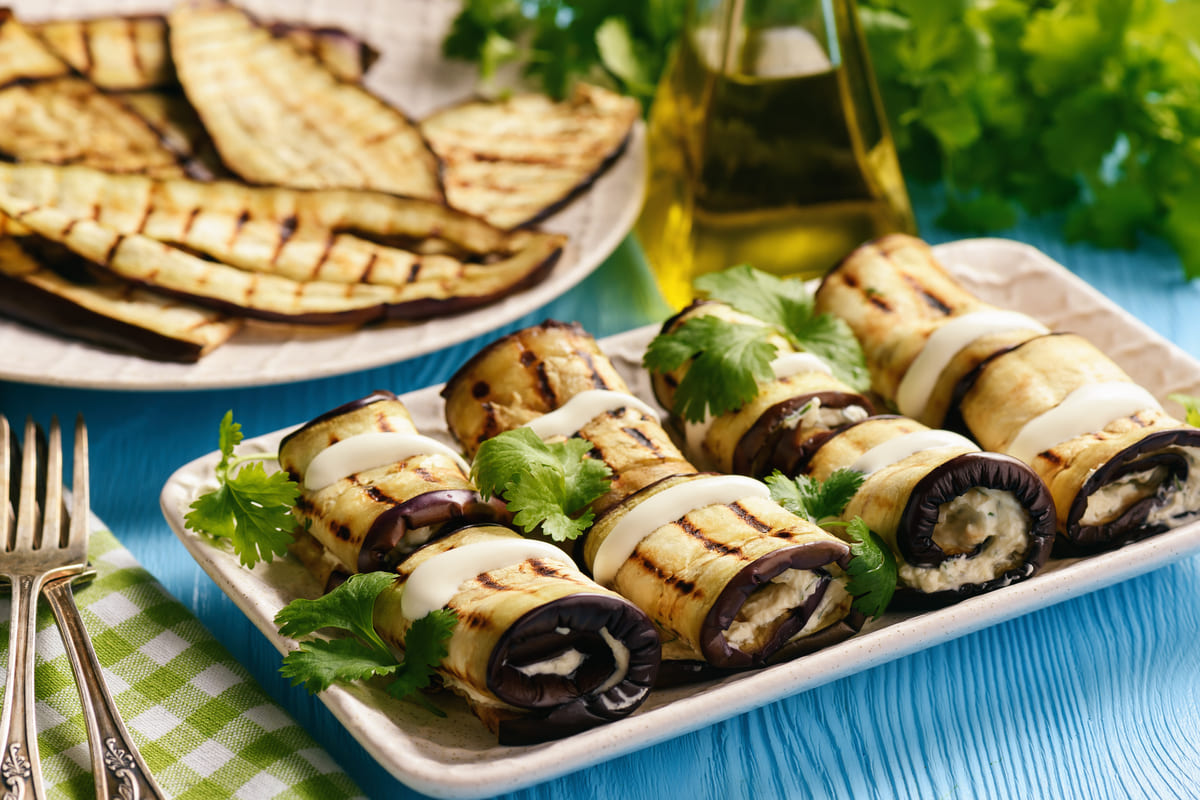 Aubergine rolls with swordfish