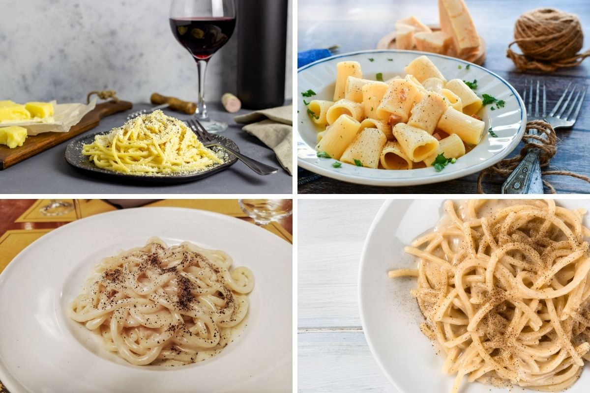 cacio e pepe con diversi formati di pasta: bucatini, rigatoni, pici, tonnarelli