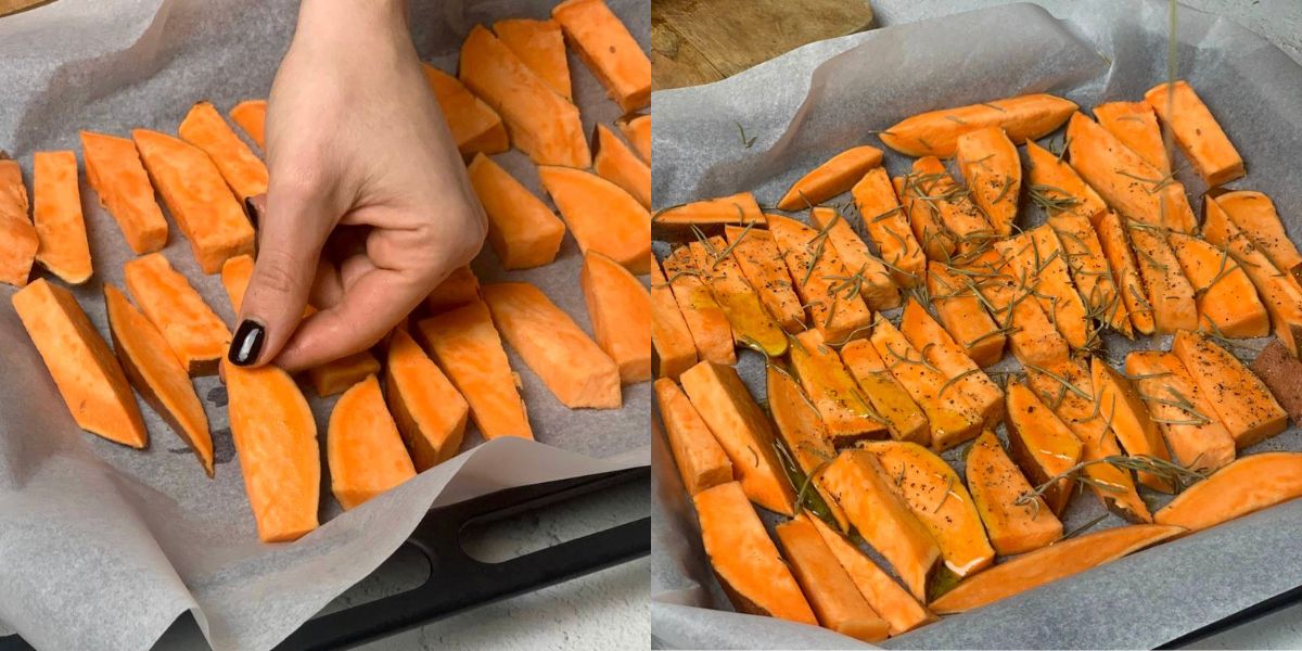 Season sweet potatoes in roasting pan