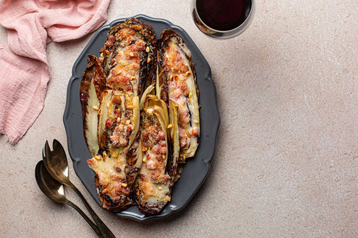 Baked radicchio with parmesan and bacon