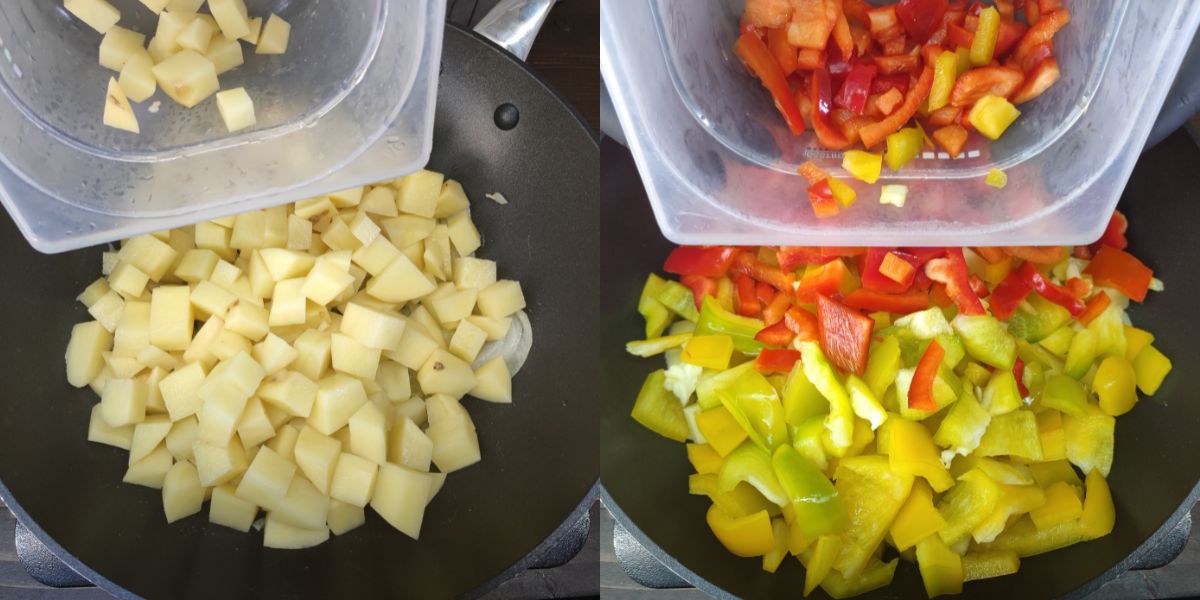 Aggiungere peperoni e patate in padella