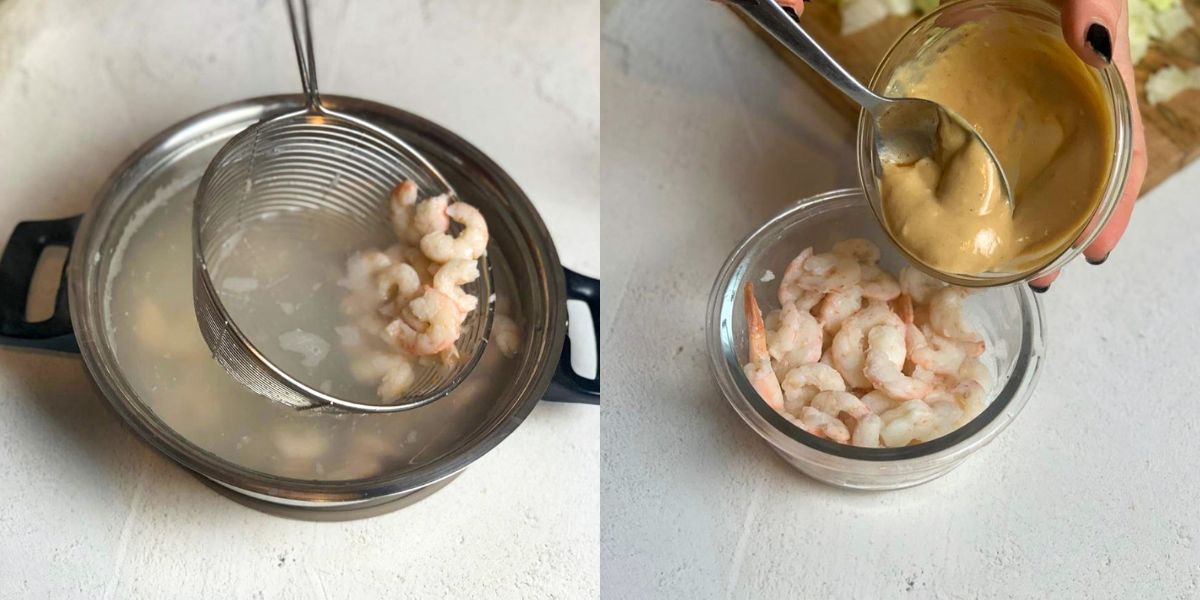 Drain the prawns and add them to the pink sauce