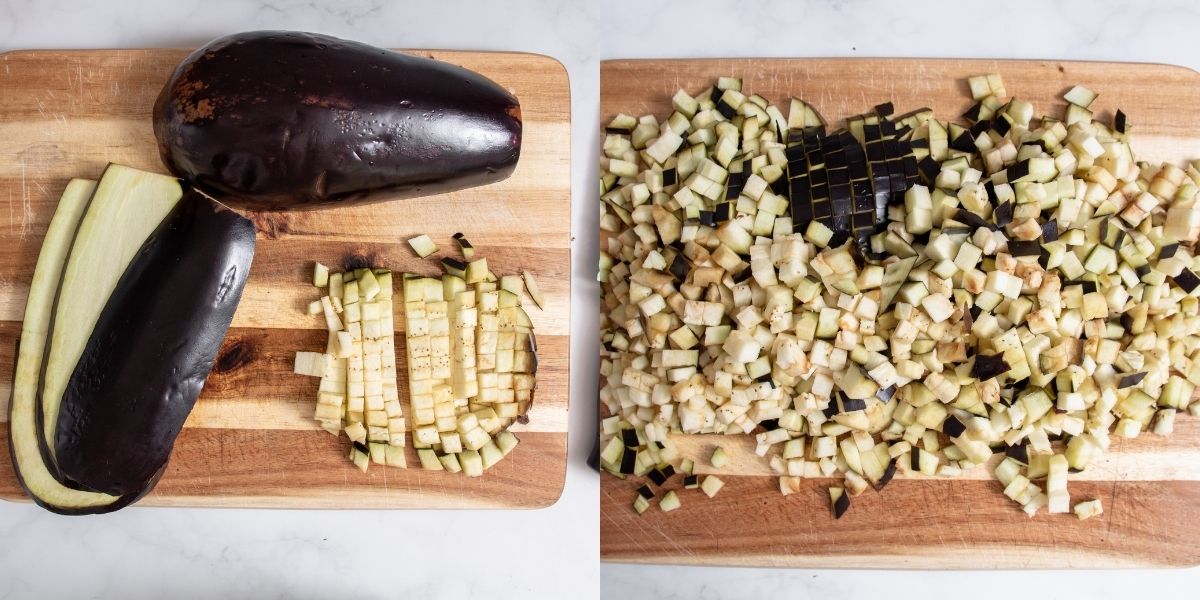 Cut aubergines into cubes for Sicilian pasta