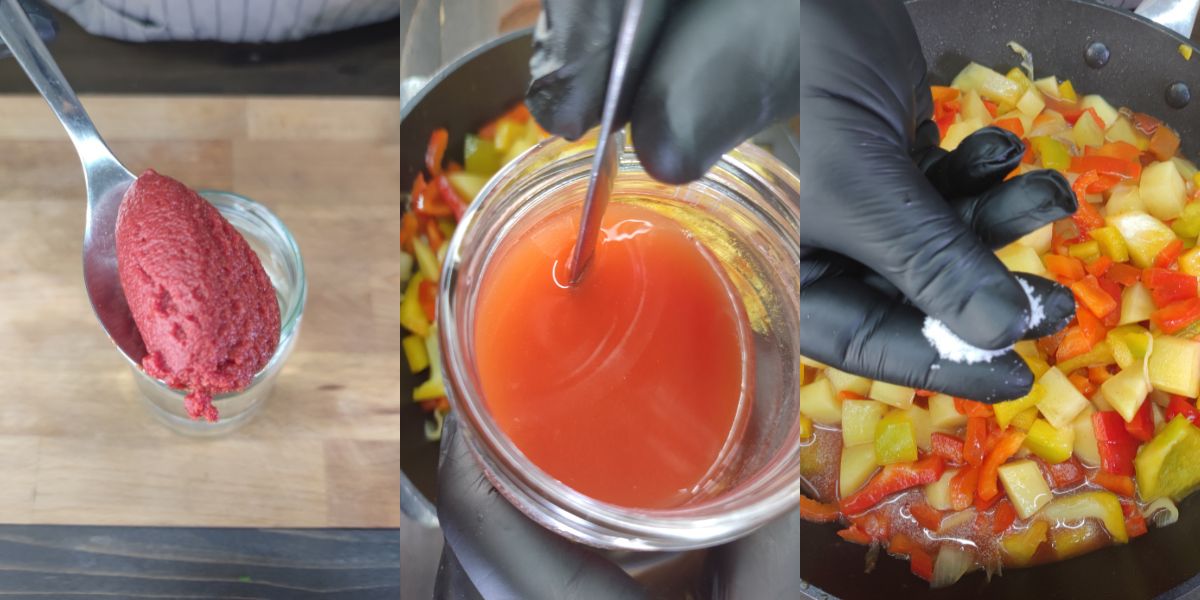 Add tomato paste diluted in water to the pan