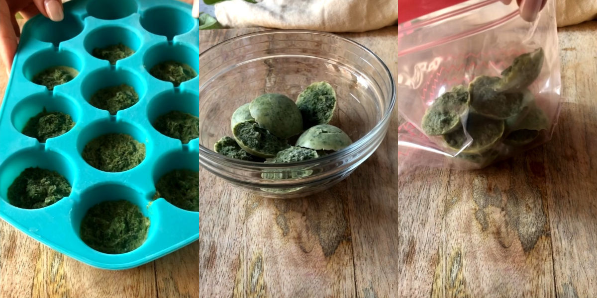 Extract the basil cubes and place them in a freezer bag