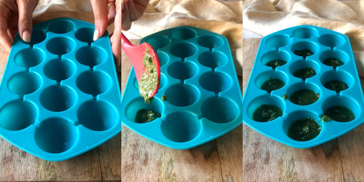 Pour the blended basil into the ice cube container