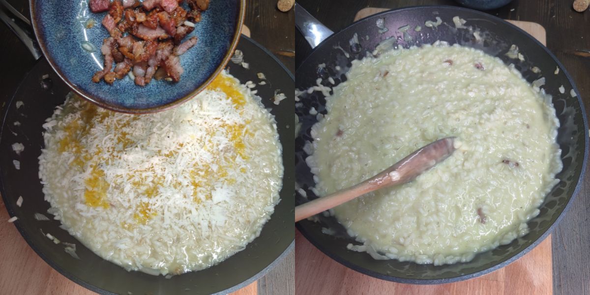 Aggiungere il guanciale e mantecare il risotto