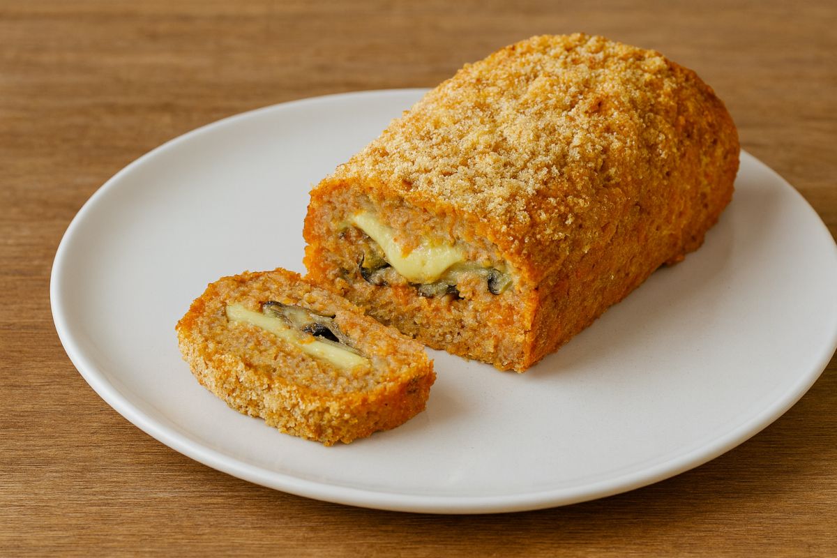 Piatto con polpettone di zucca ripieno di formaggio