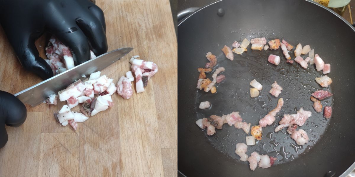 Tagliare guanciale e rosolarlo