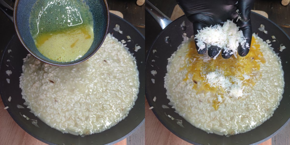 Unire tuorli e pecorino al risotto