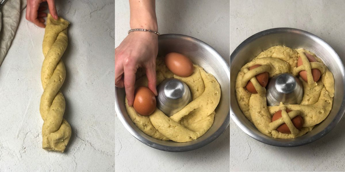Create braided donut and add eggs