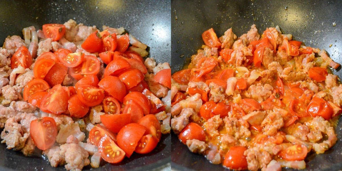 Pomodori salsiccia e guanciale