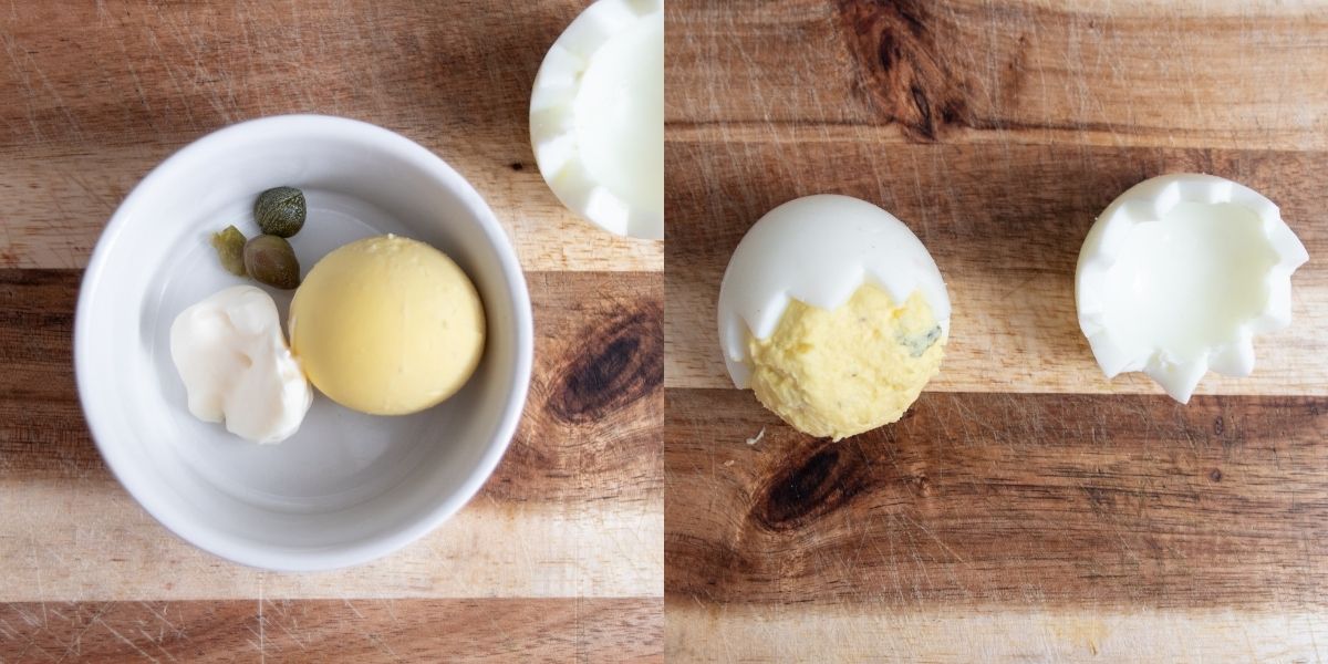 Work the yolk and place it back into the cut egg white