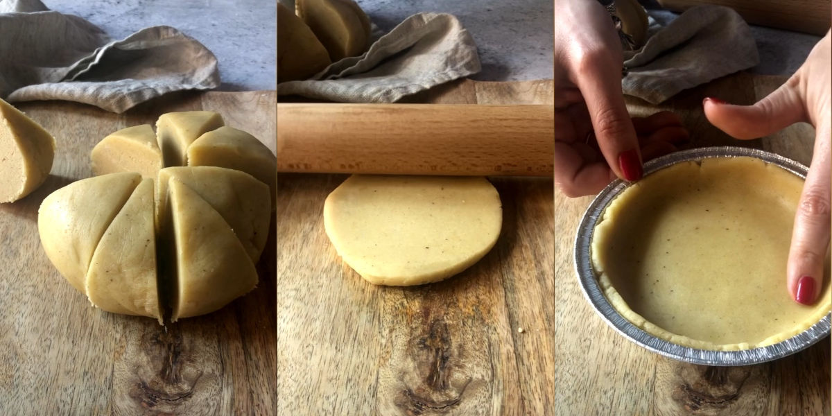 Divide the loaf, roll out the pastry and cover the pan