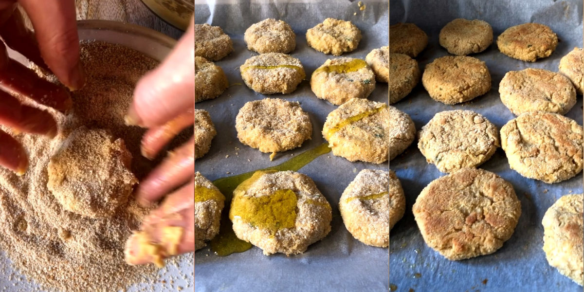 Roll the meatballs in the breadcrumbs and cook them in the oven