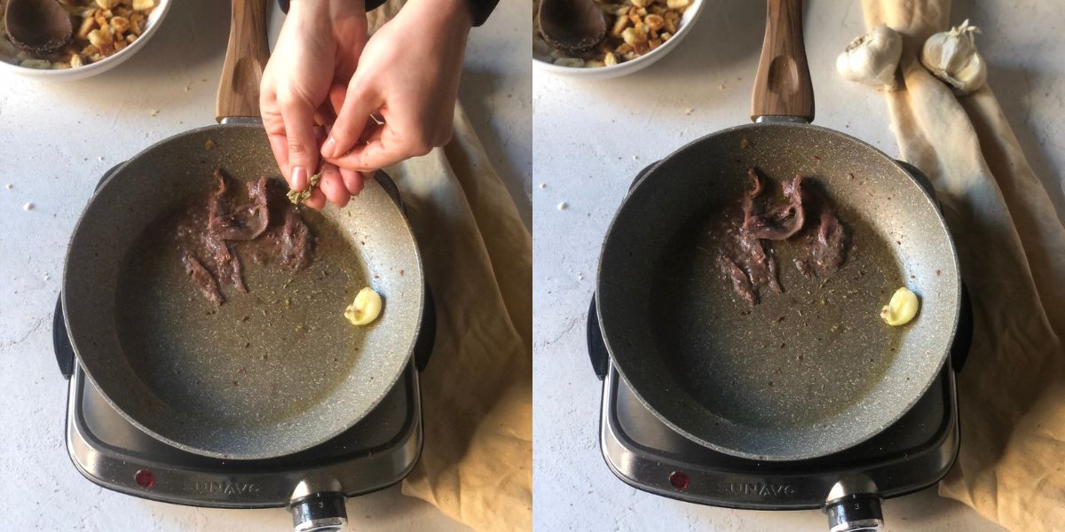 Melt anchovies in a pan