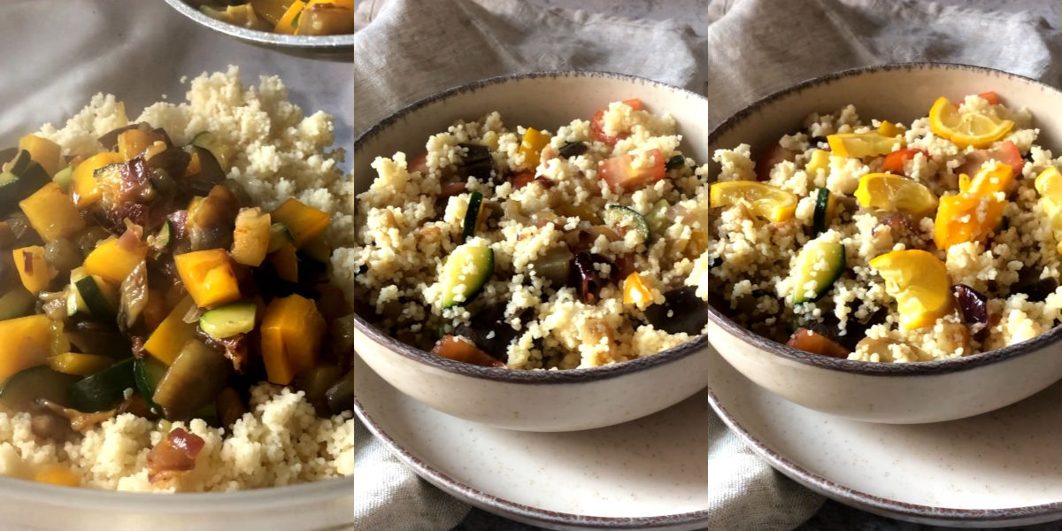 Aggiungere la verdura al cous cous e impiattare