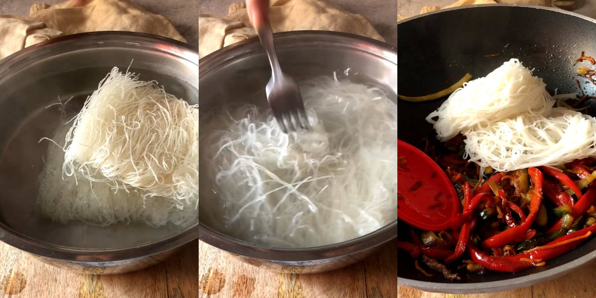 Cuocere spaghetti di riso e unire in padella con le verdure