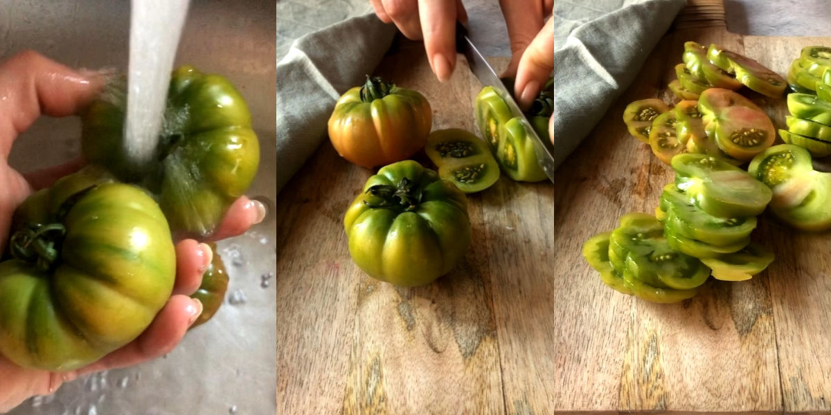 Wash and cut green tomatoes